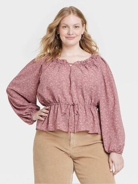 Universal Thread Balloon Long Sleeve Blouse Mauve Floral Crew Neck XXL